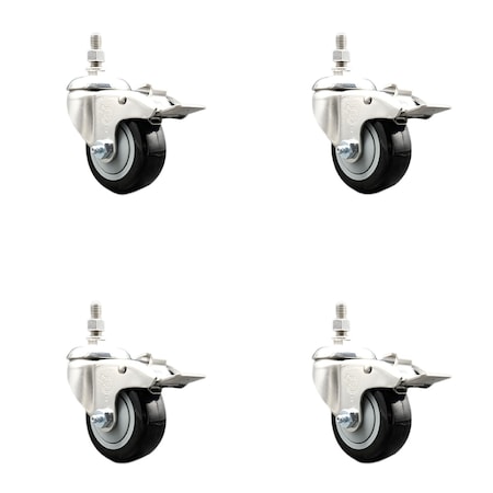 Service Caster 3 Inch 316SS Black Polyurethane Wheel Swivel 3/8 Inch Stem Caster Set Lock Brake SS316TSTTL20S314-PPUB-BLK-381615-4